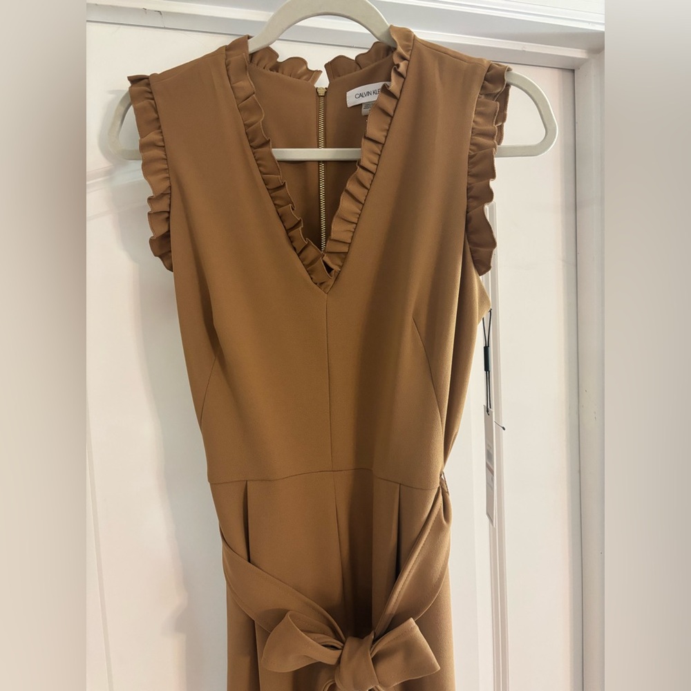 Calvin Klein Wide Leg Cropped Jumpsuit with ruffles, gold zipper & pockets. NWT